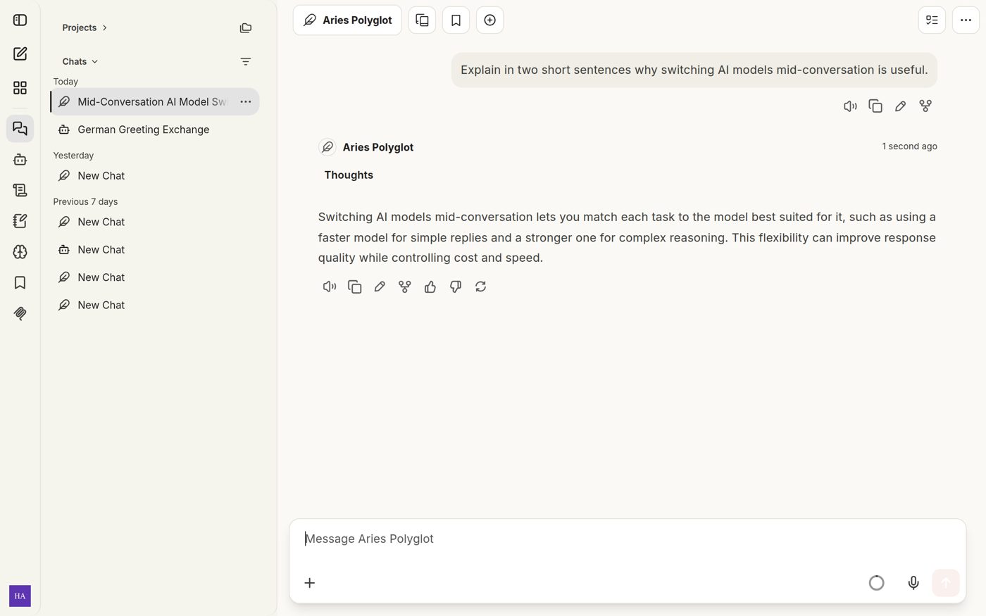 Screenshot of an Aries chat conversation showing the Aries Polyglot agent answering about mid-conversation model switching